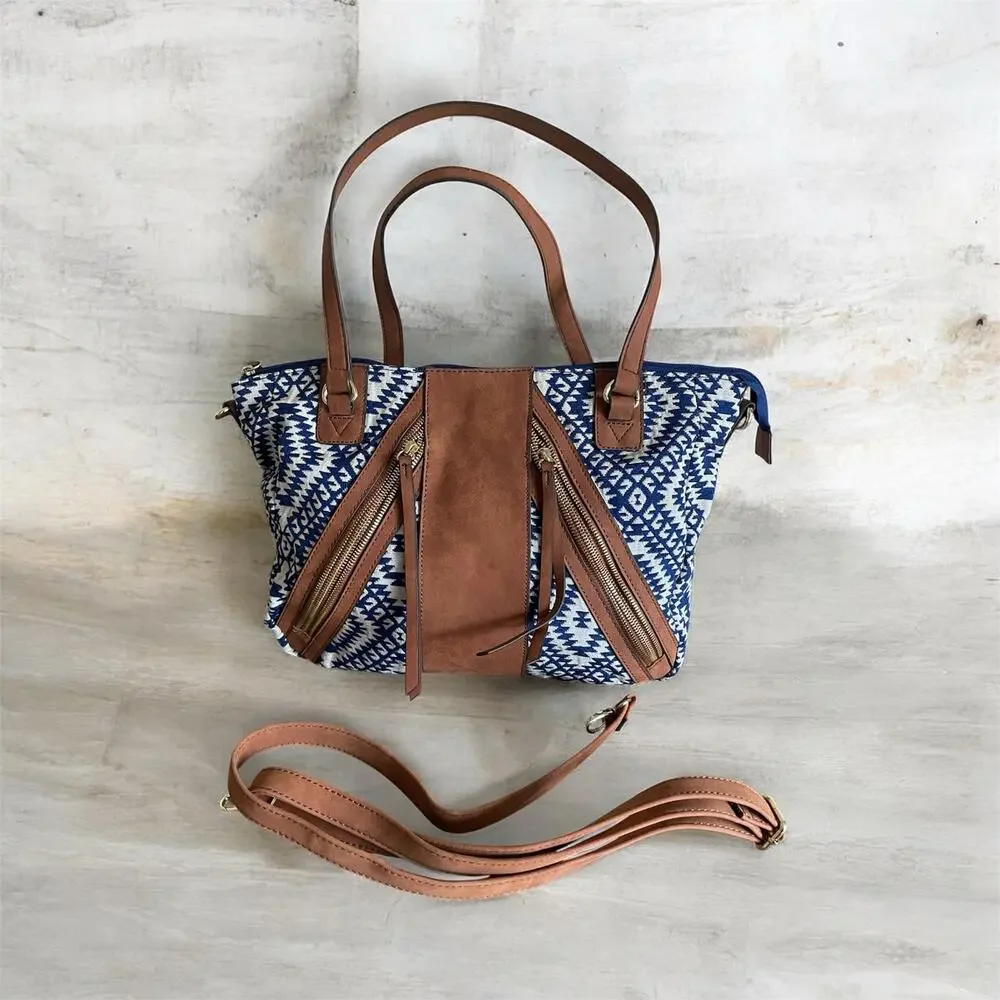 ANA New Approach Tote Bag Blue Off White Geometric Print Brown Faux Suede